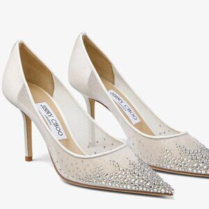 Jimmy Choo White Mesh Pointed-Toe Pumps with Dégradé Crystals 8.5